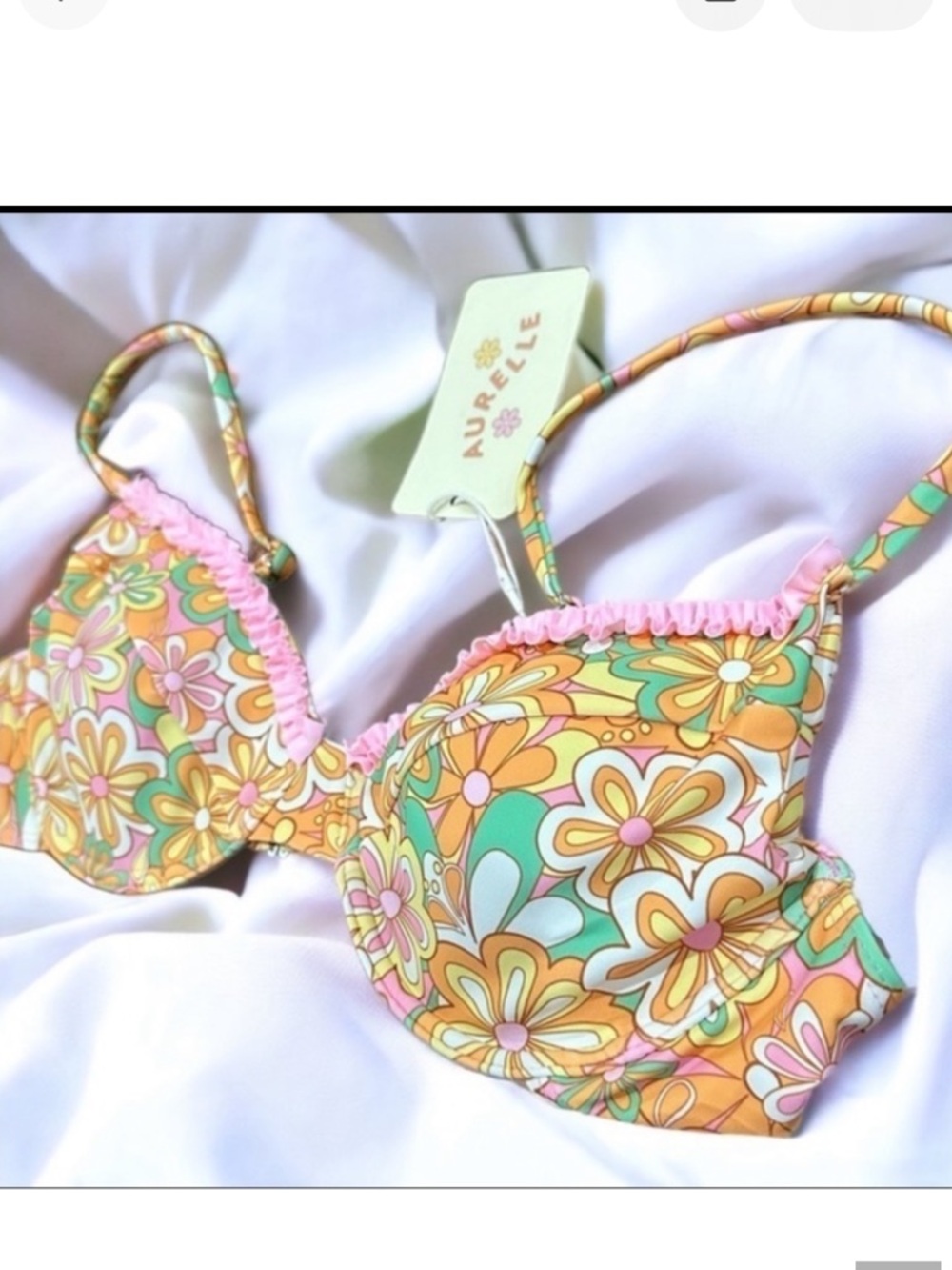 NWT Aurelle swim bikini top with pink top ruffle trim underwire Sz L 8-10 (B-C)